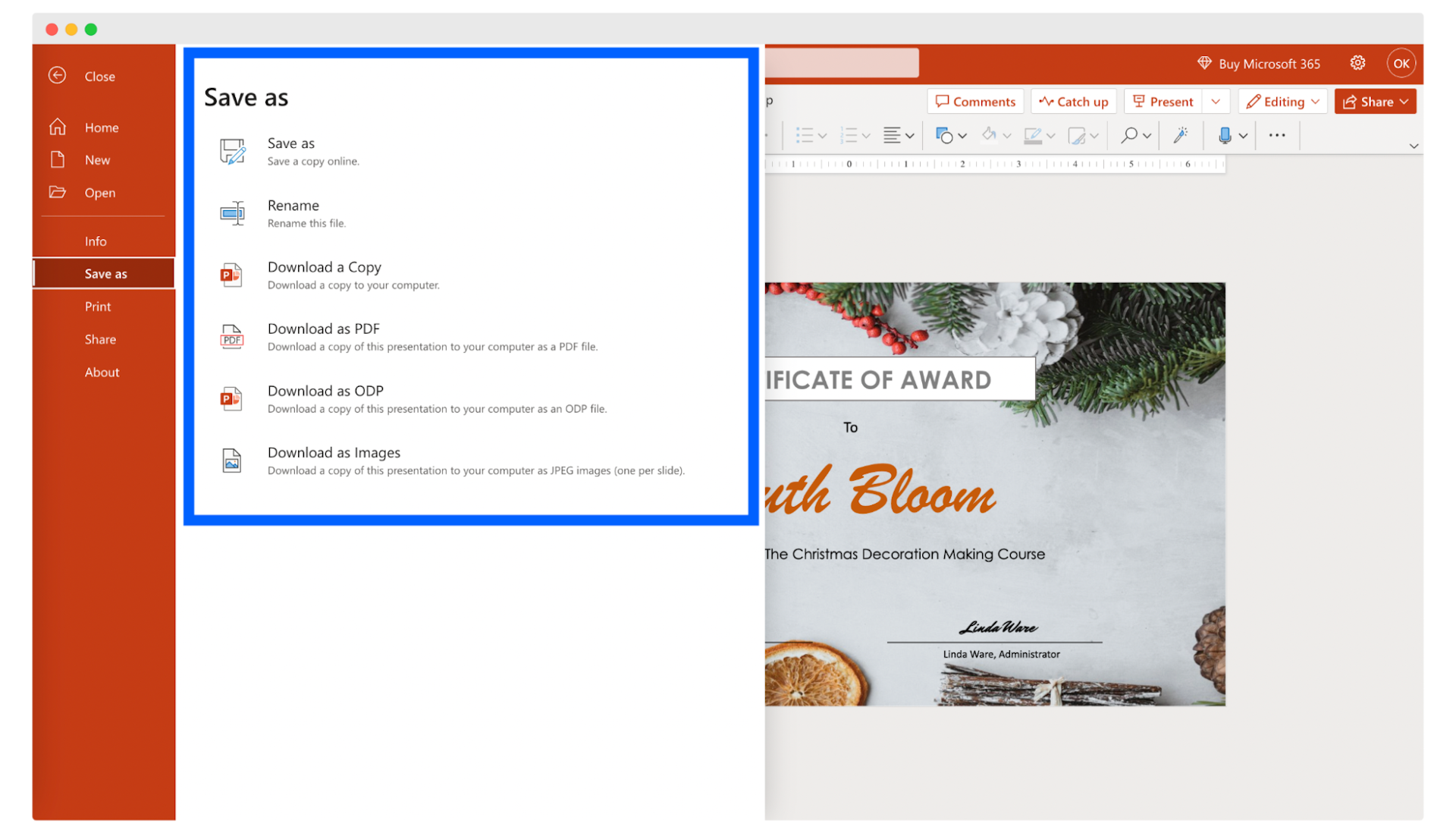The process of saving certificate in PowerPoint.