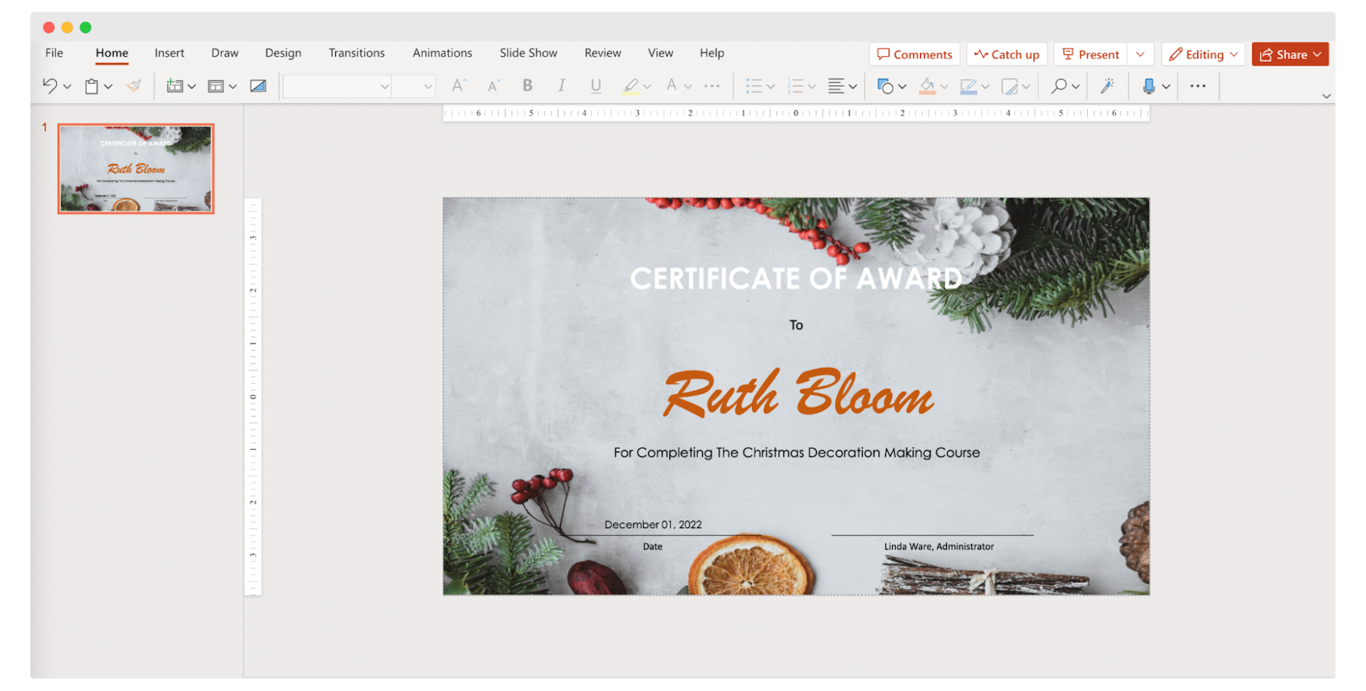 Christmas certificate template in PowerPoint.