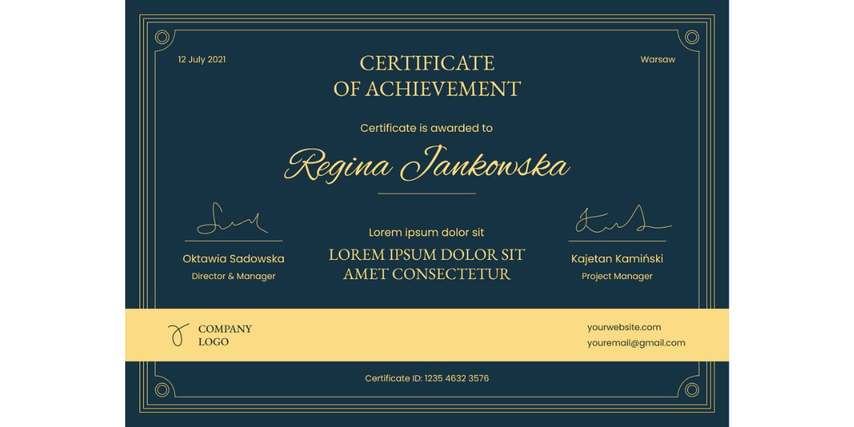 Elegant certificate template with green and yellow colors.