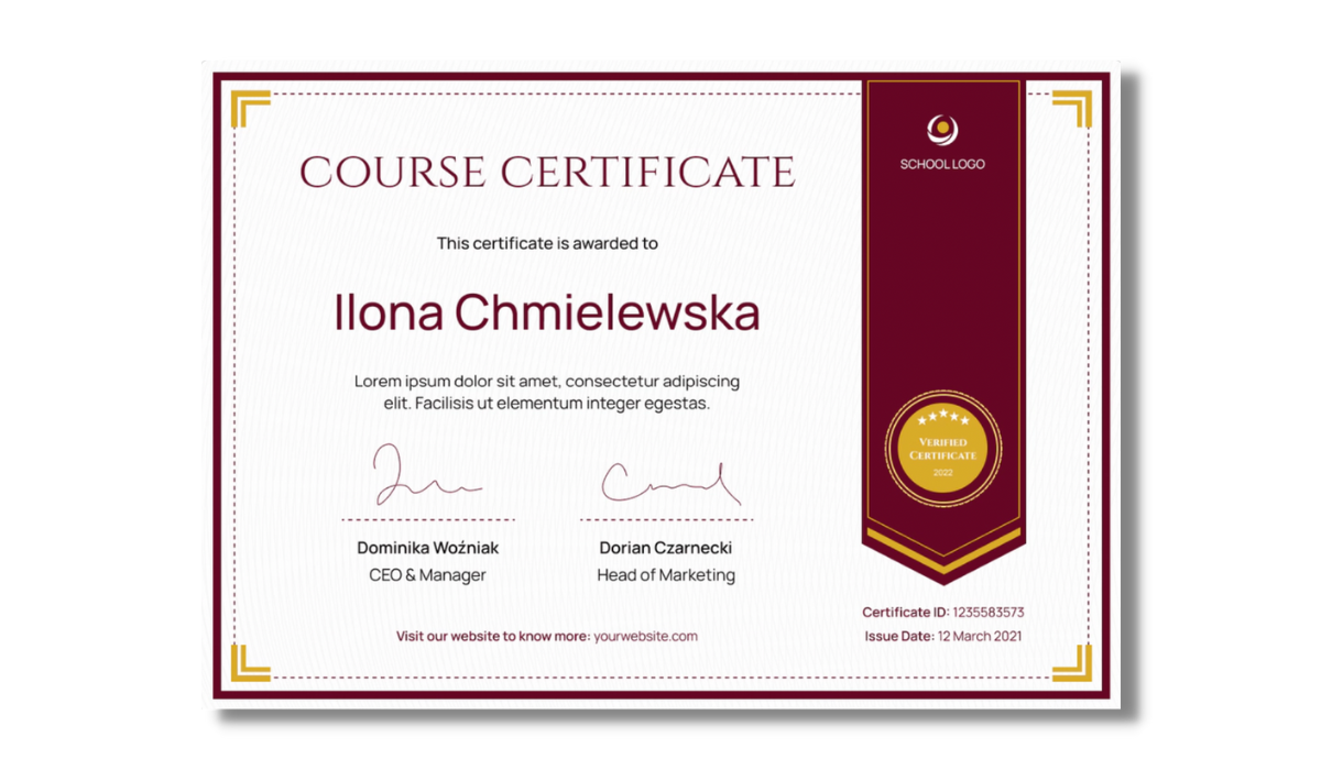 Burgund course certificate template with golden elements Certificate of appreciation template with classic colors from Certifier free certificate templates library.