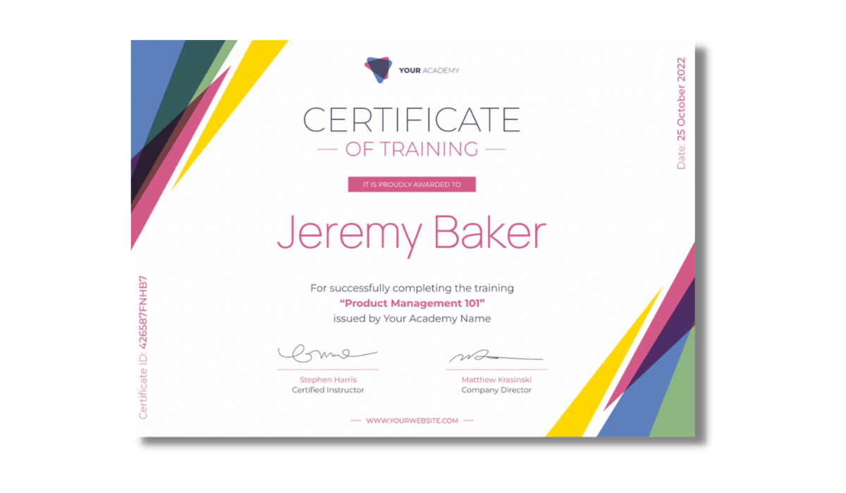 Simple certificate of training with colourful elements from Certifier free certificate templates library.