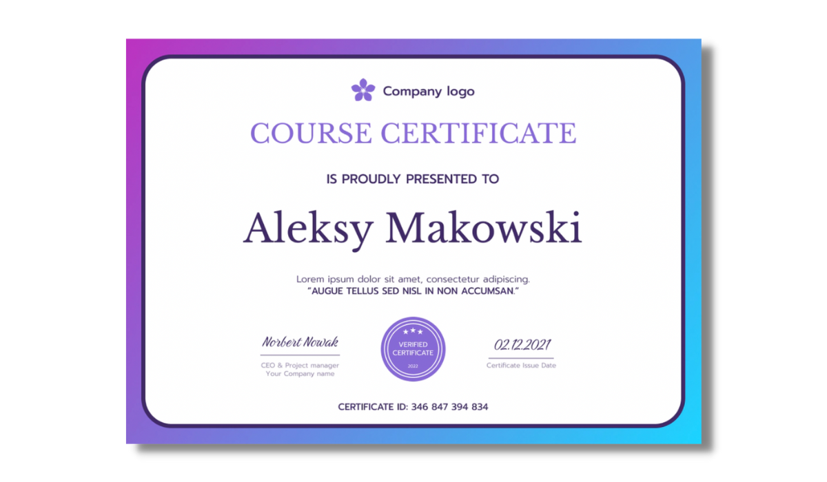 Violet-blue gradient course certificate template from Certifier free certificate templates library.
