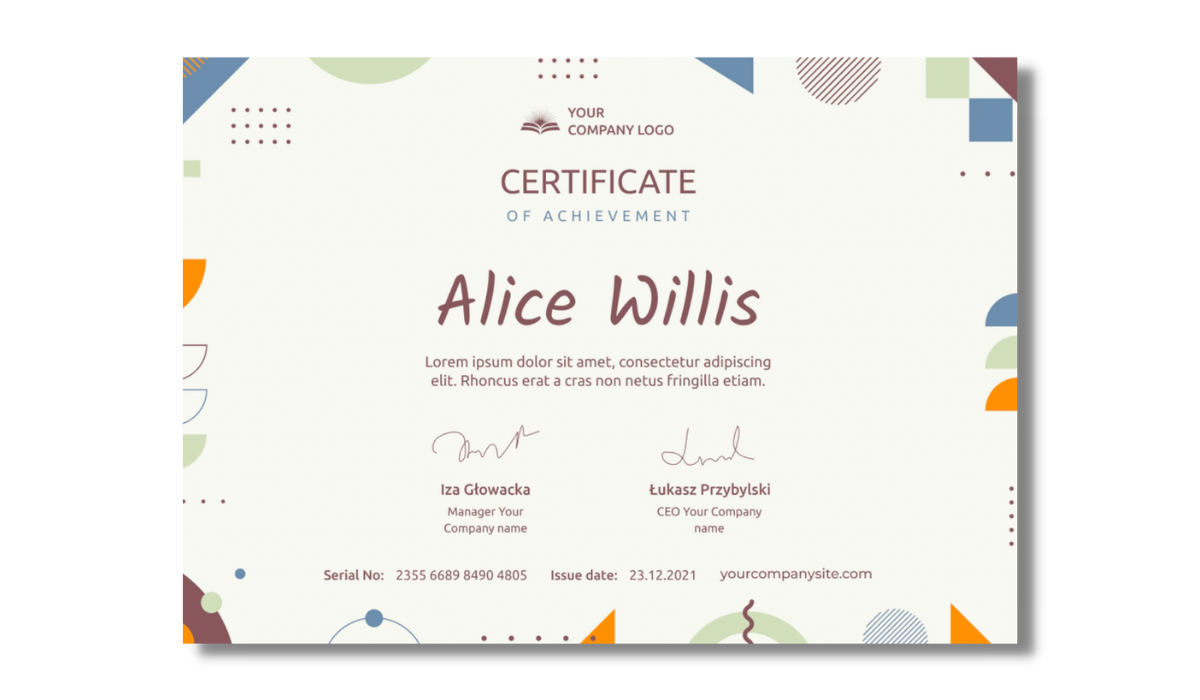 Certificate of achievement with geometrical elements from Certifier free certificate templates library.