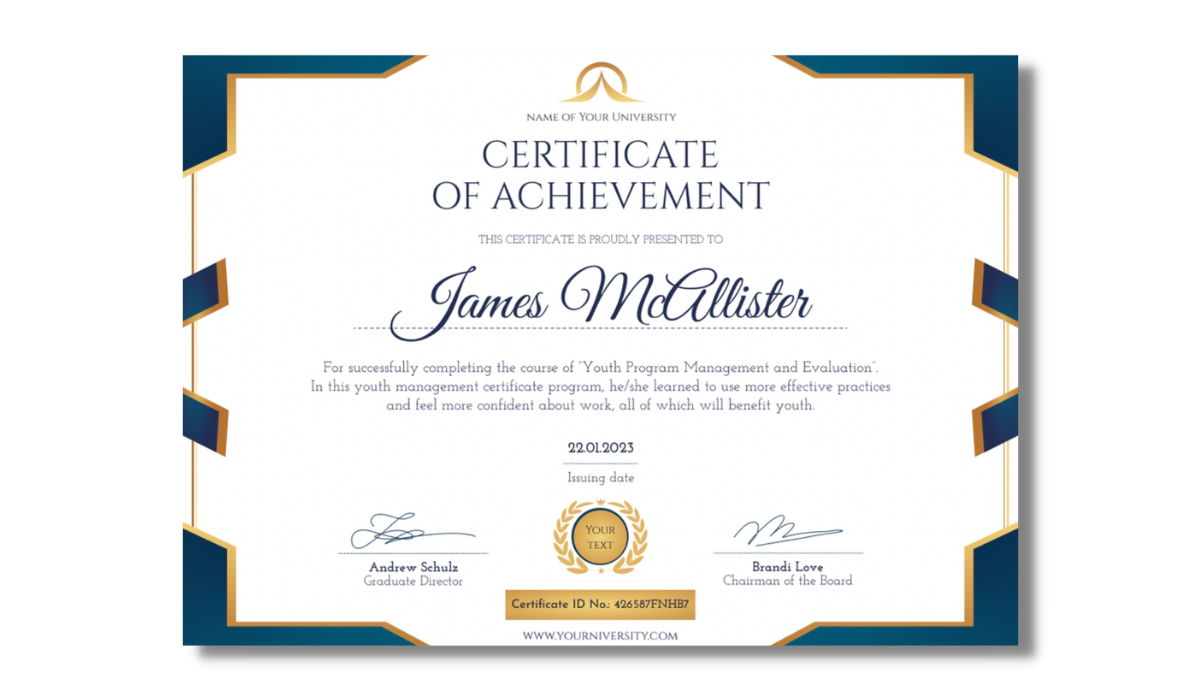 Blue and gold certificate of achievement template from Certifier free certificate templates library.