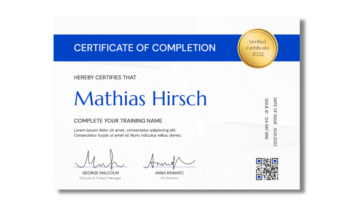 Official and formal certificate of completions template blue with golden element.