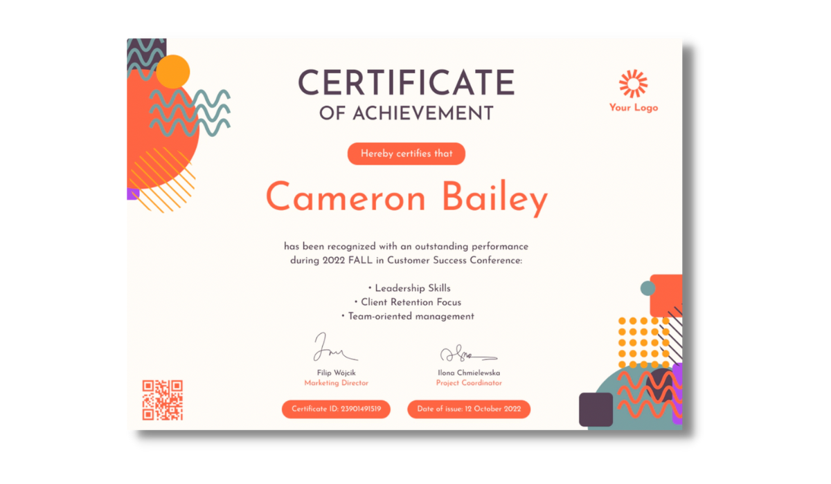 Certificate of achievement with colorful elements from Certifier free certificate templates library.