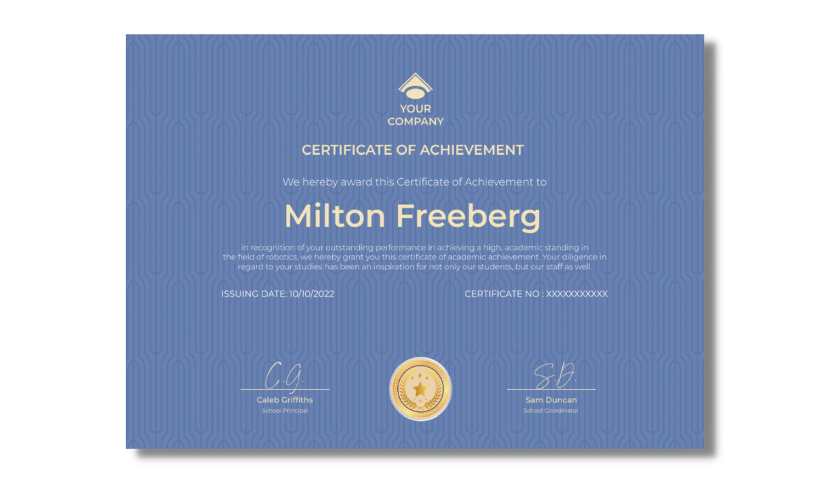 Light blue with golden elements certificate template from Certifier library of templates.