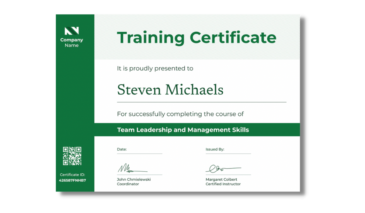Green modern training certificate from Certifier free certificate templates library.