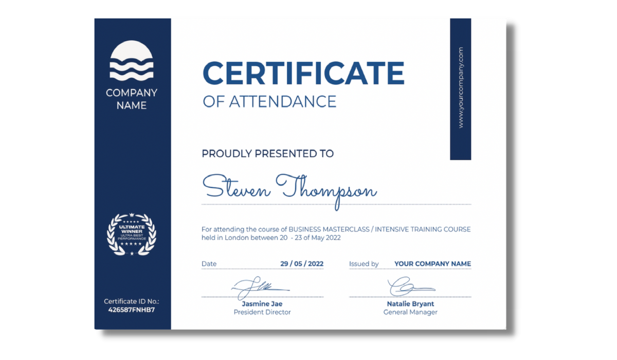 Blue certificate of attendance from Certifier free certificate templates library.