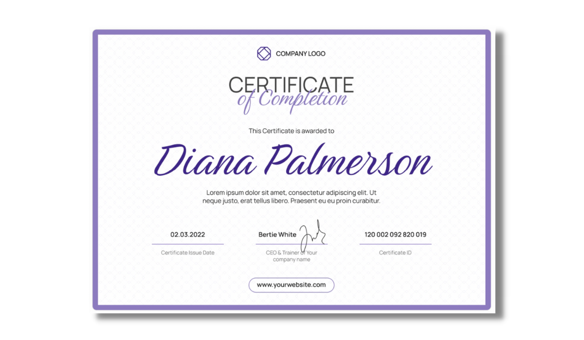Simple violet certificate of completion template from Certifier certificate templates library.