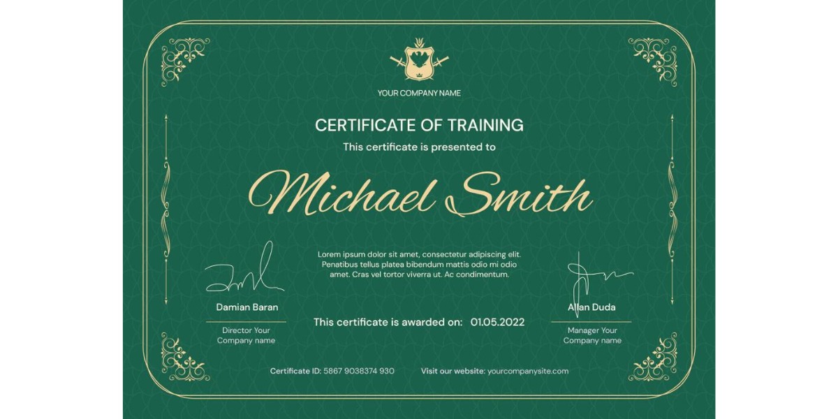 Green Figma certificate template with golden name and surname element.