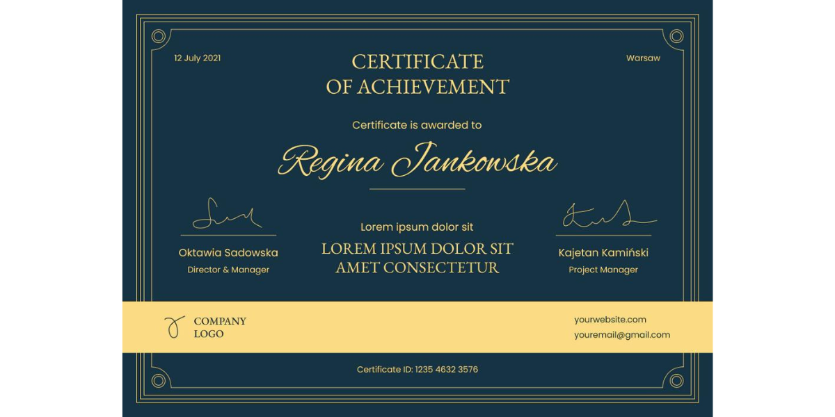 Blue and gold professional and elegant course certificate template.