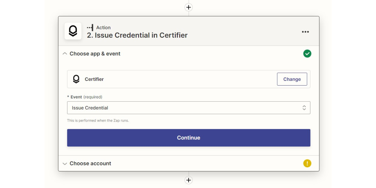 Configuring an action in Zapier to generate Google Forms certificates.