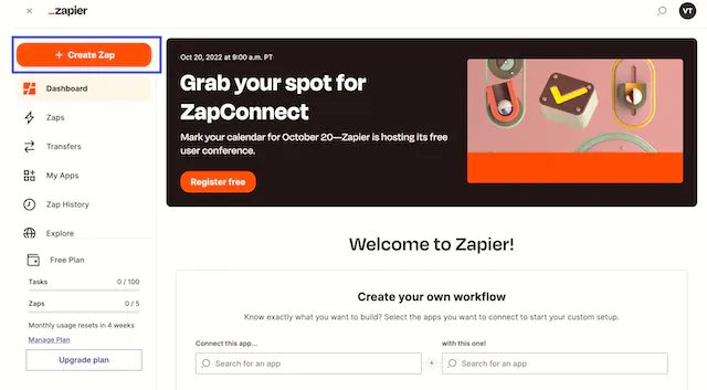 Creating a zap in Zapier.