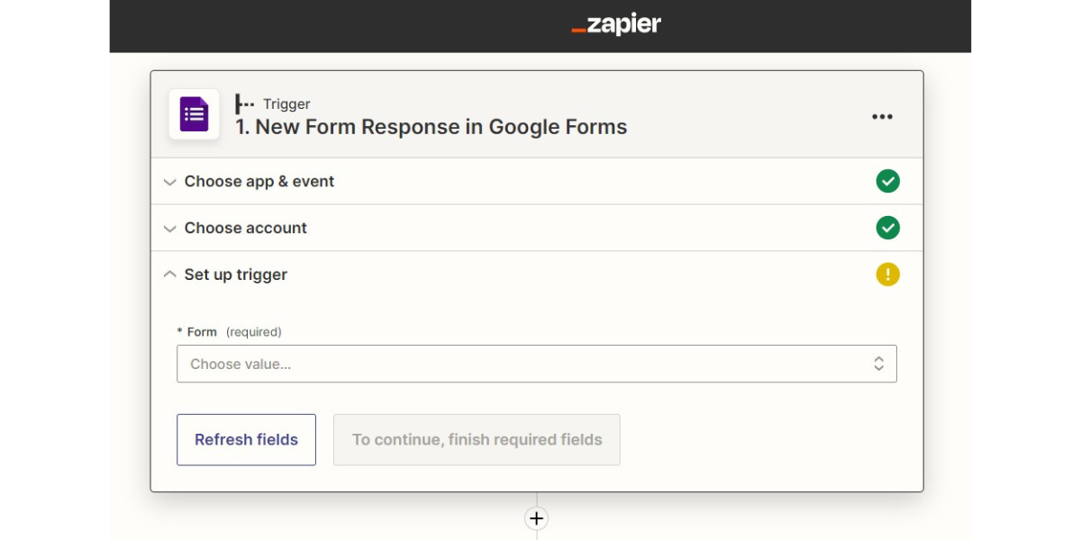 Setting up a trigger and running a test in Zapier to generate Google Forms certificates.