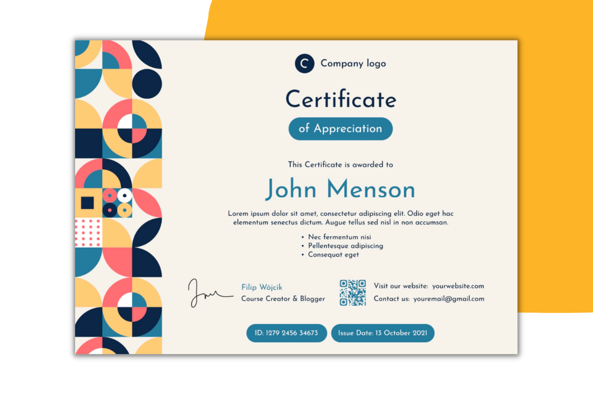 Colorful navy blue artistic certificate template in landscape orientation.