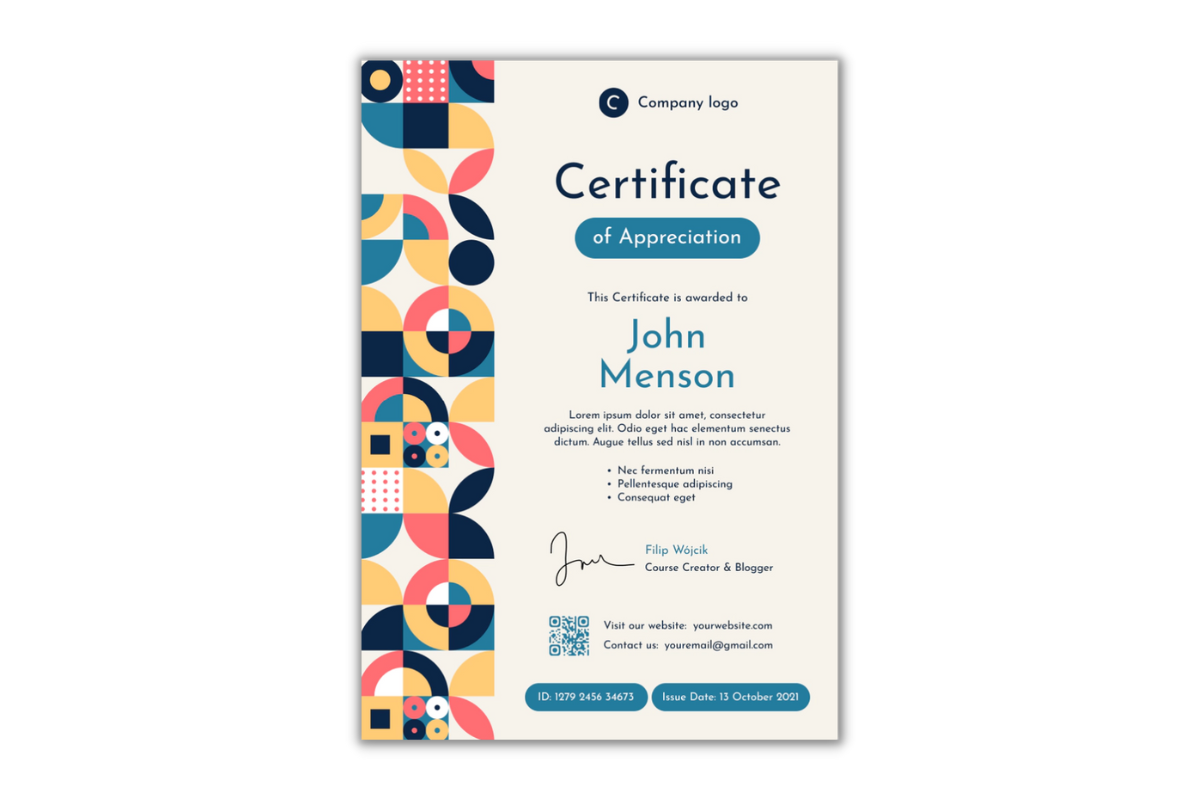 Colorful navy blue artistic certificate template in portrait orientation.