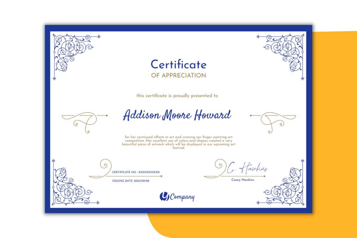 Elegant fancy blue certificate template of appreciation in landscape orientation.