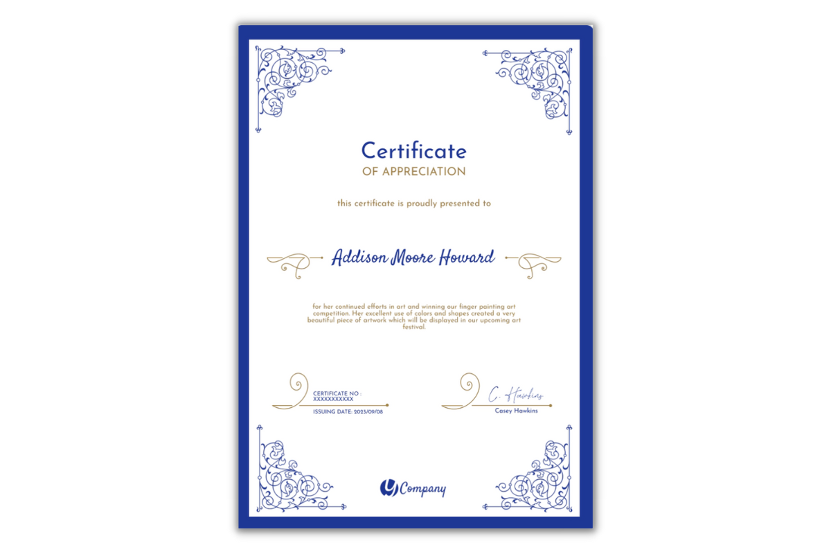 Elegant fancy blue certificate template of appreciation in portrait orientation.