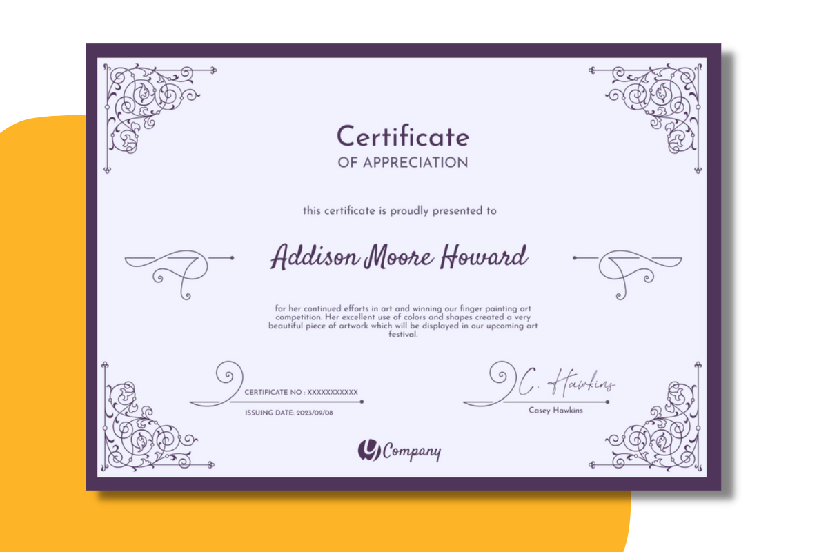 Elegant fancy purple certificate template of appreciation in landscape orientation.