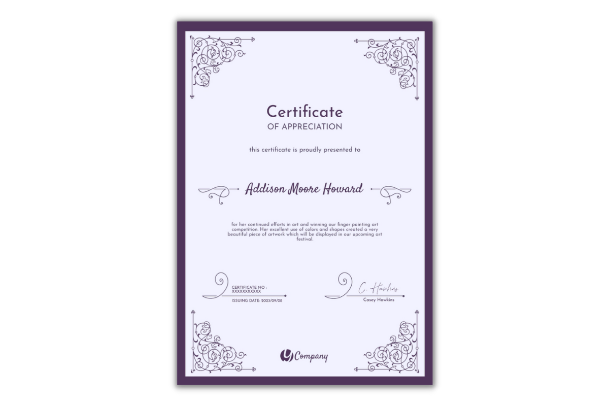 Elegant fancy purple certificate template of appreciation in portrait orientation.