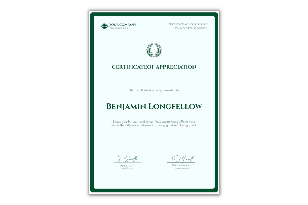  Green simple and classy certificate template of appreciation in portrait orientation.