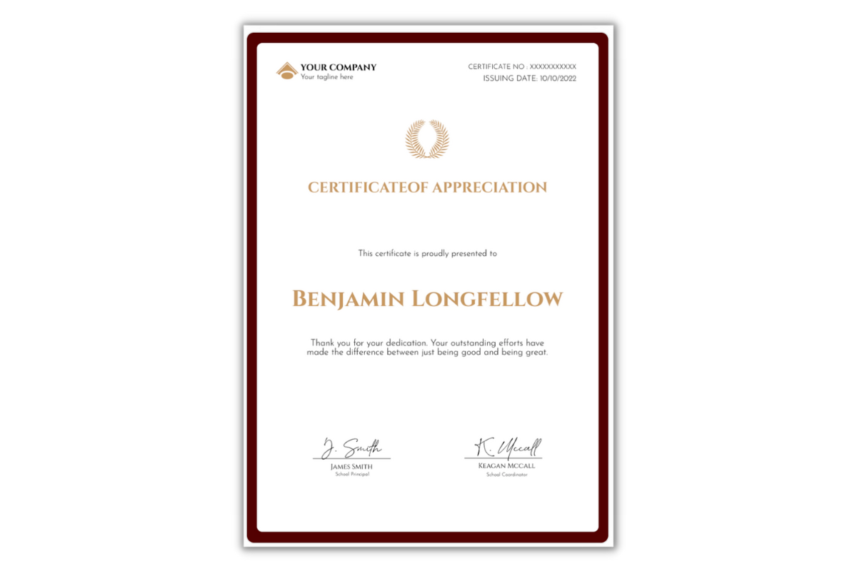 Maroon simple and classy certificate template of appreciation in portrait orientation.