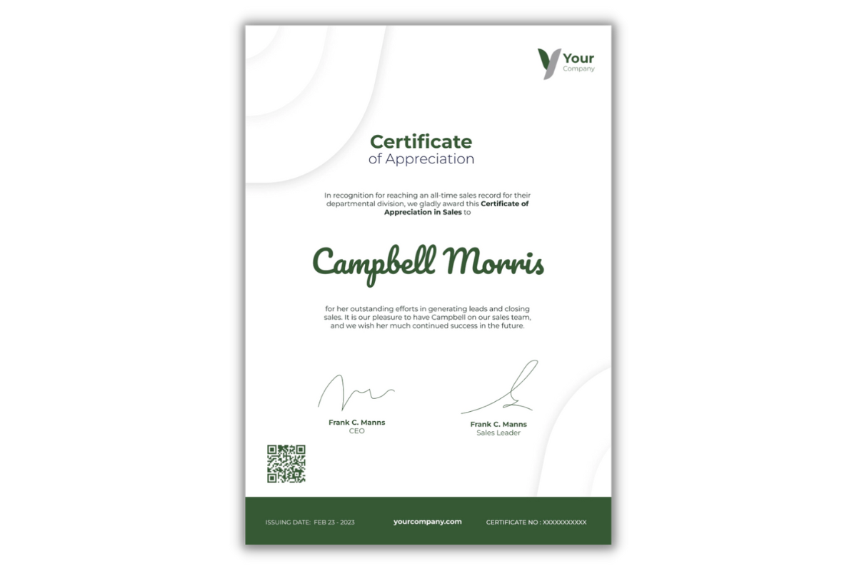 Green professional and slick certificate template in portrait orientation.