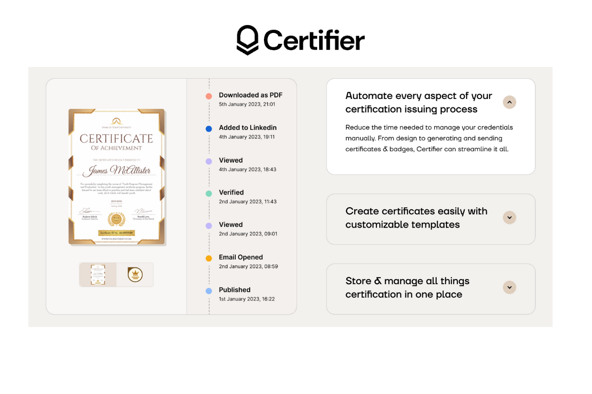 Best features of Certifier certificate generator for creating certificates after passing the quizz.