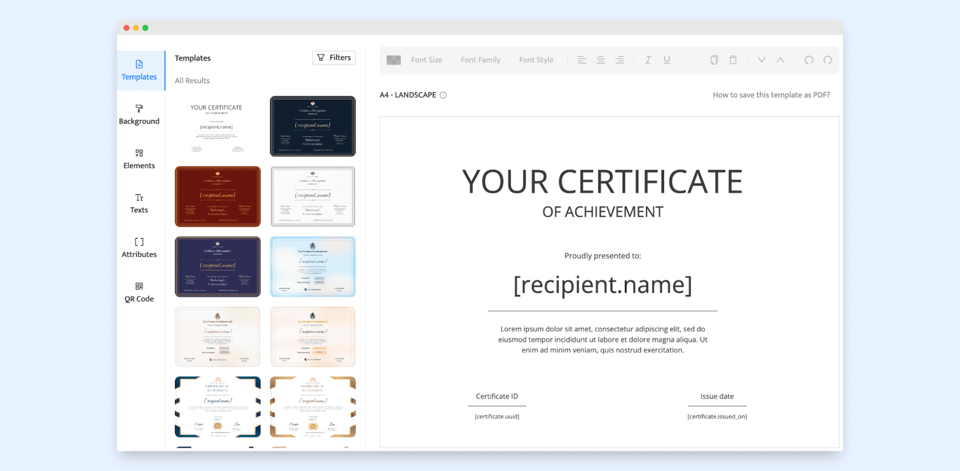 Blank Google Slides certificate template for full customization.