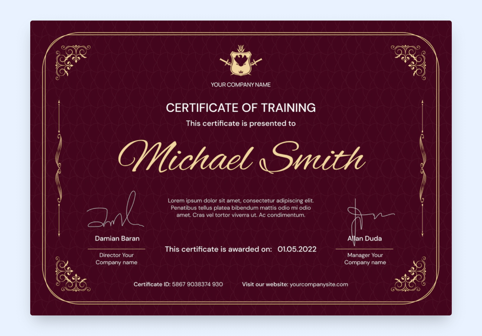 Burgundy elegant certificate of training. 
