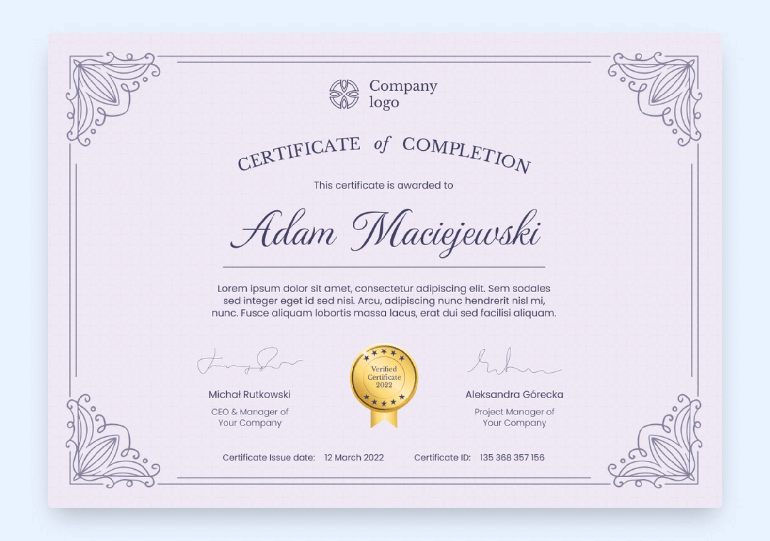 Traditional certificate of completion as a template for Google Slides.