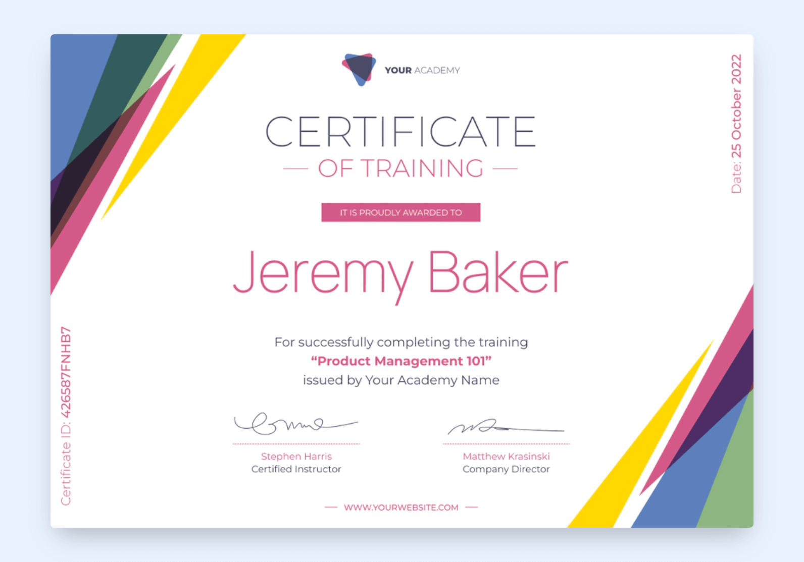 Certificate of training with colorful patterns on the corners.
