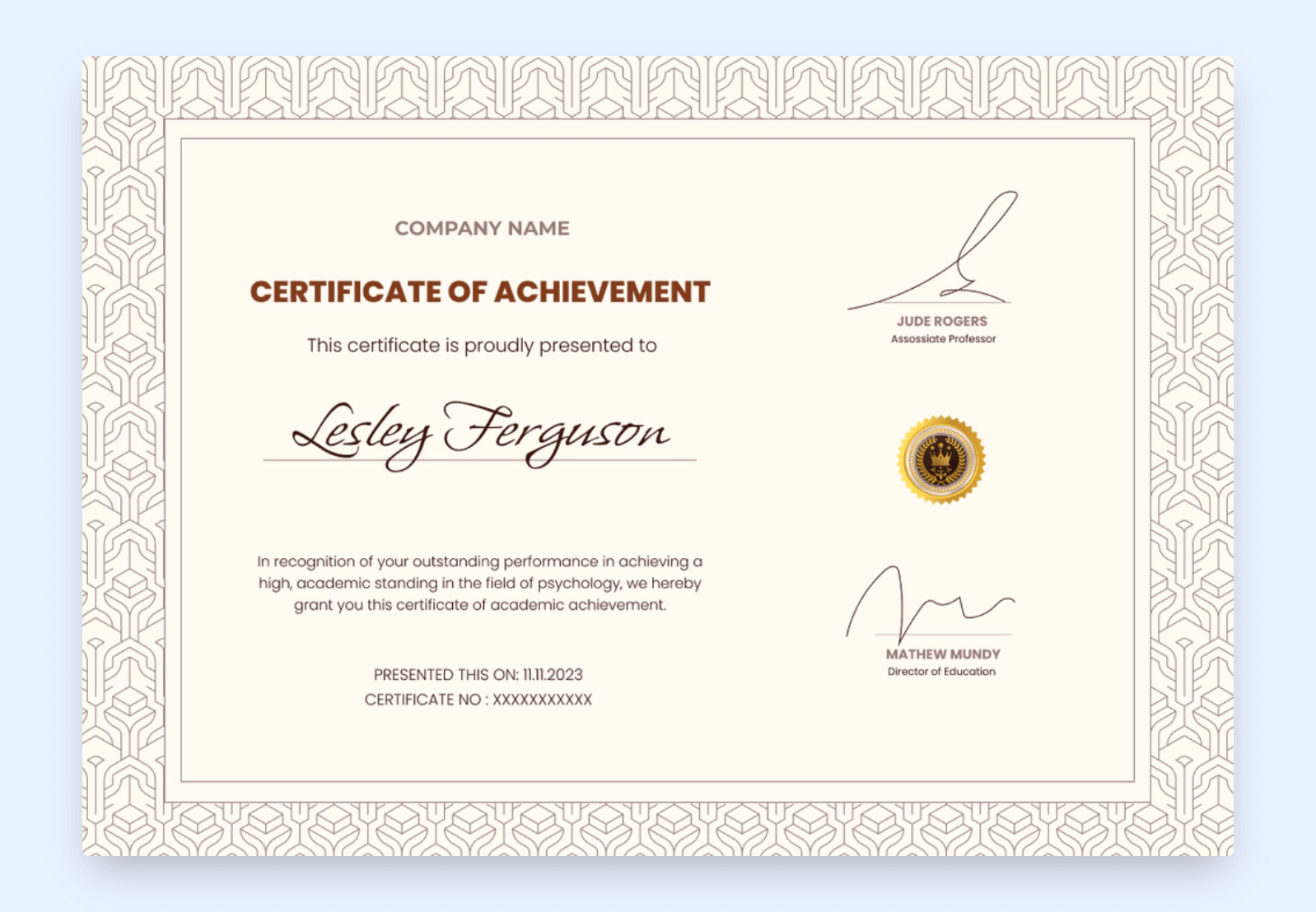 Google Slides golden certificate template free to download.