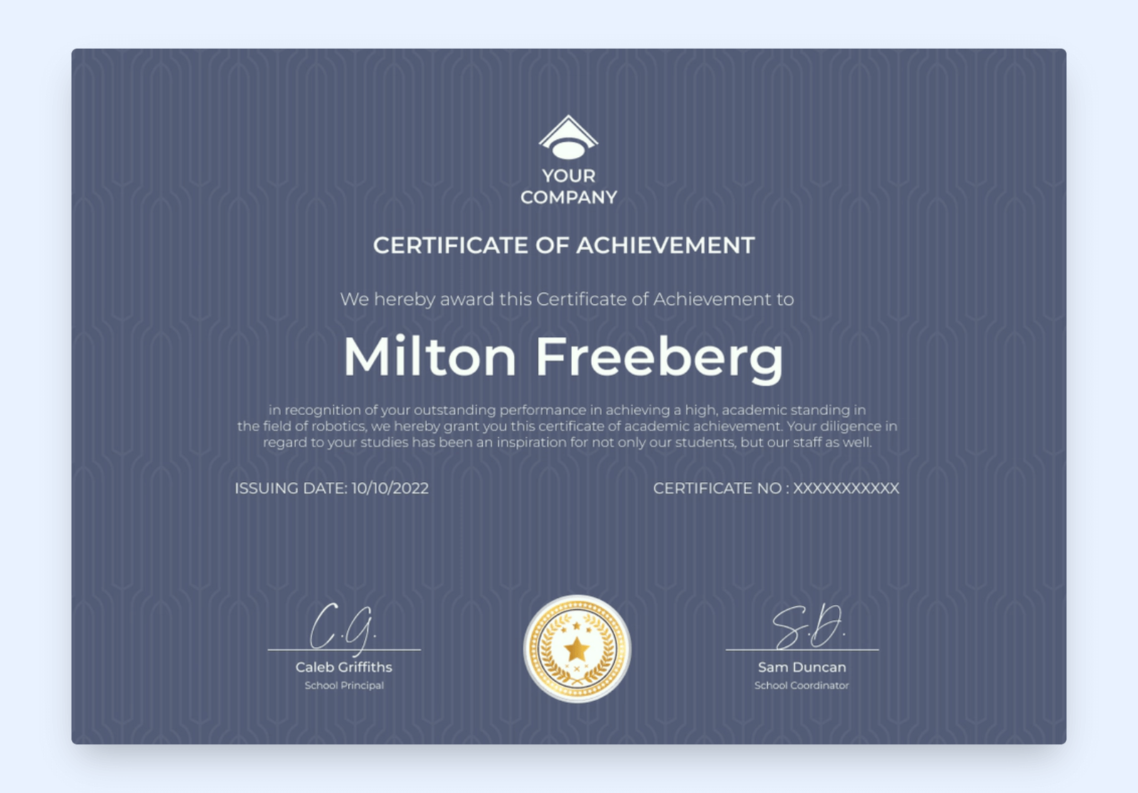 Simple Google Slides certificate with blue background.