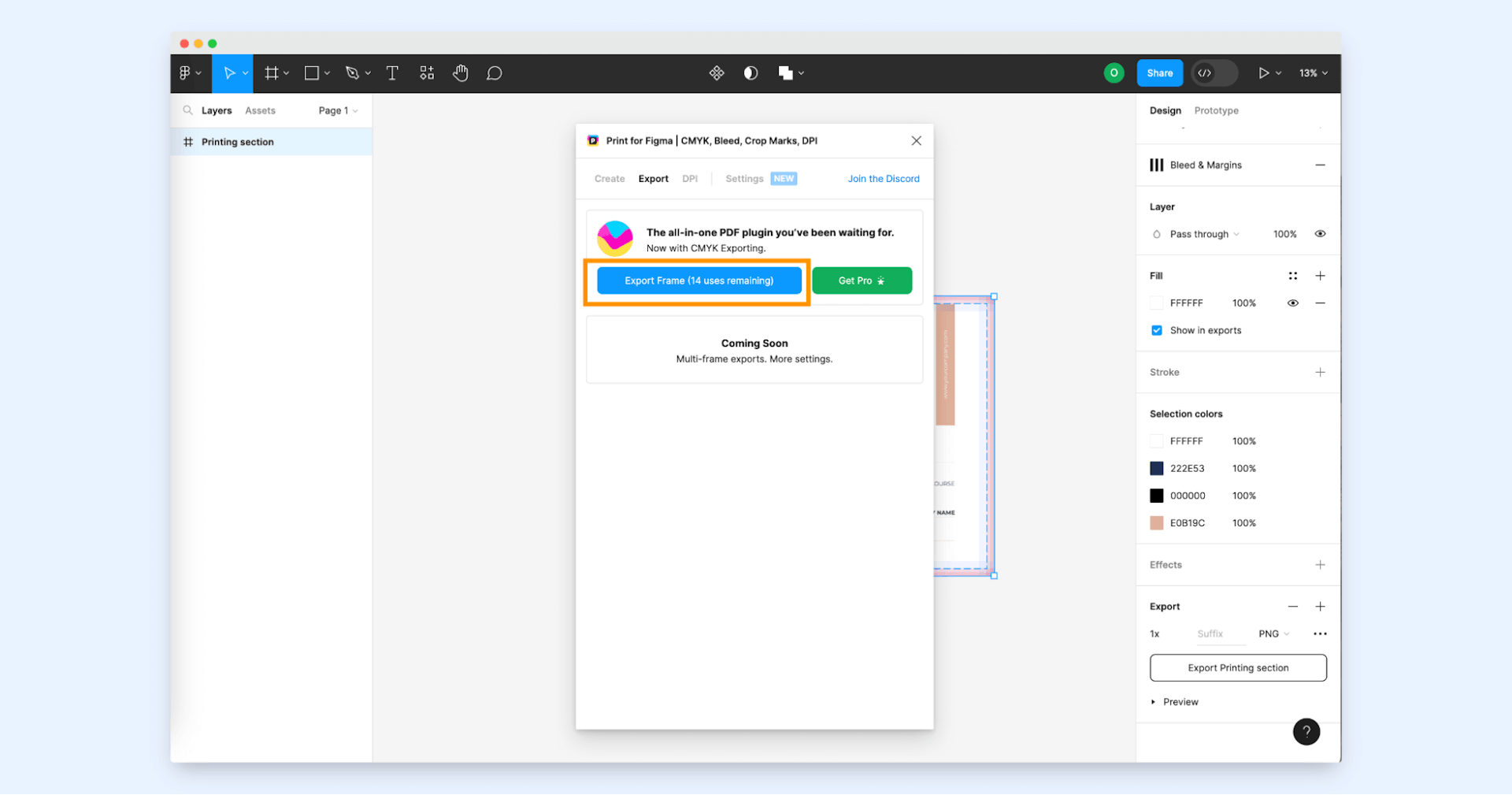 Exporting the file in CMYK in Figma.