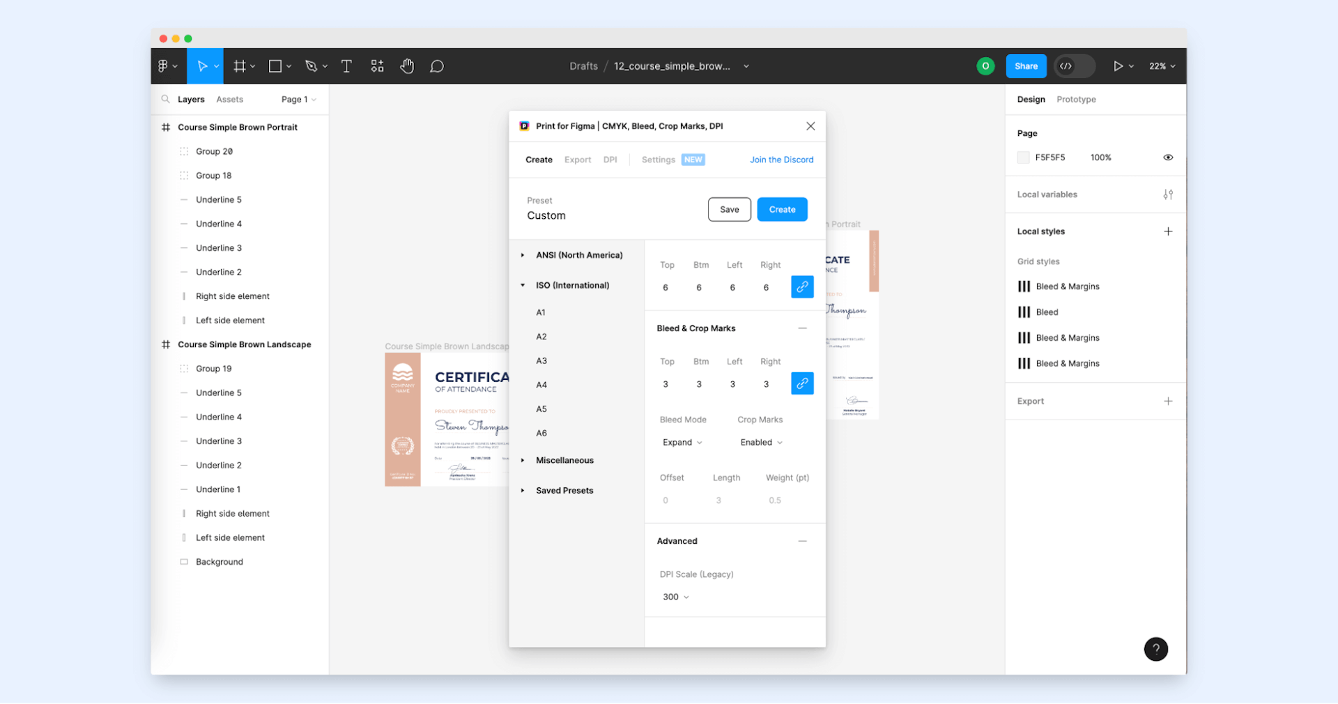 Setting up printing requirements on Figma certificate design.
