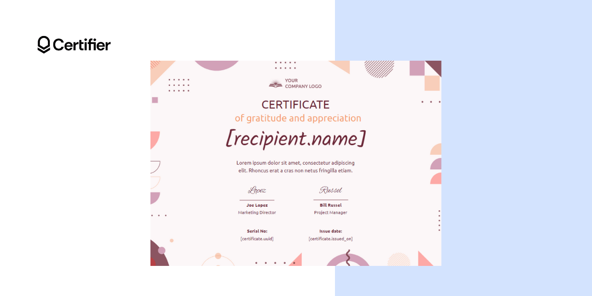 Certificate of gratitude template with modern graphic elements.