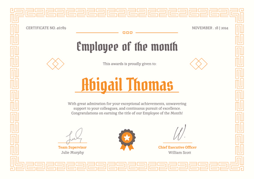 Formal and classy employee of the month certificate template landscape