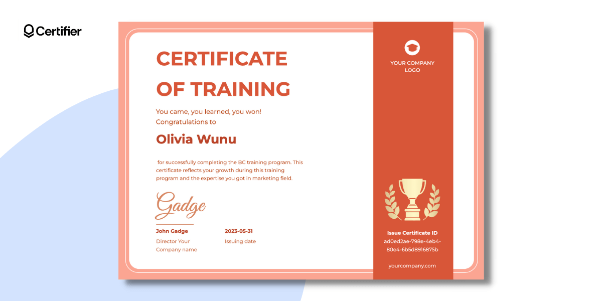 Certificate of training text sample wording.