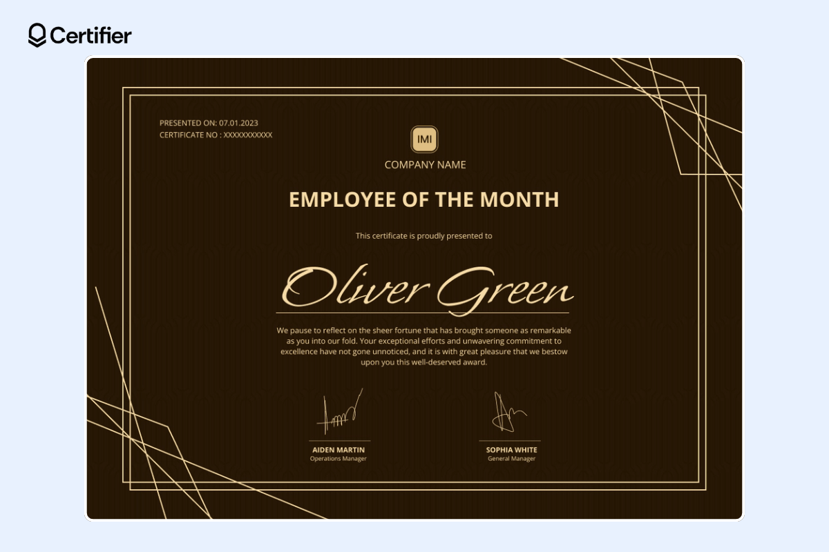 Classy and professional employee of the month certificate template.