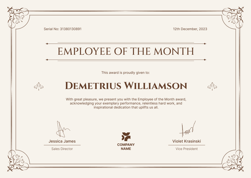 Formal and elegant employee of the month certificate template landscape