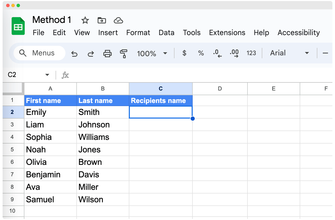 Choosing an empty cell to start with & operator method to combine first and last name in Google Sheets.