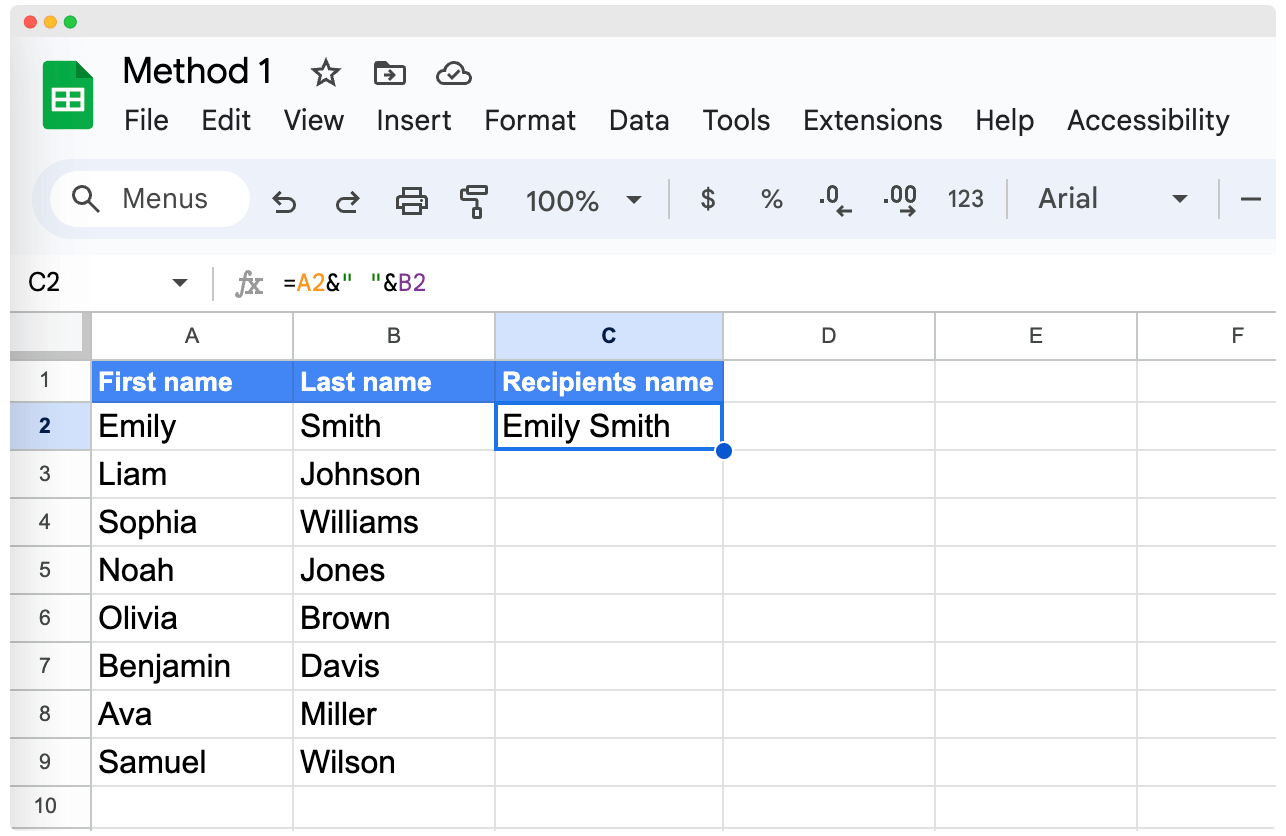Result of & operator formula to combine first and last name in Google Sheets.