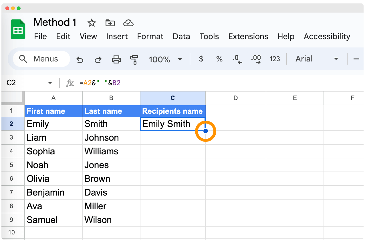 Extending the formula of & operator method to combine first and last name in Google Sheets.