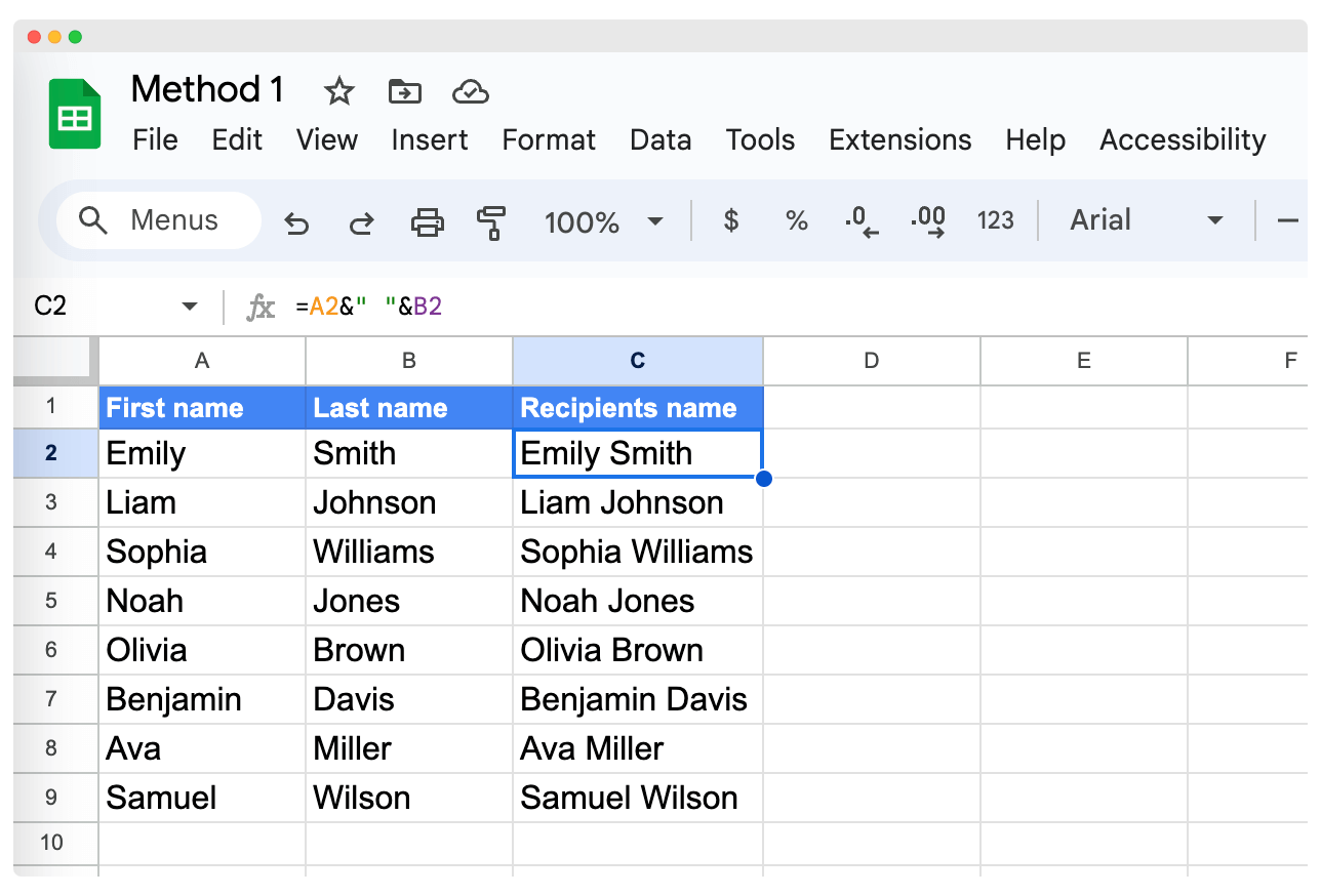Result of the & operator method to combine first and last name in Google Sheets
