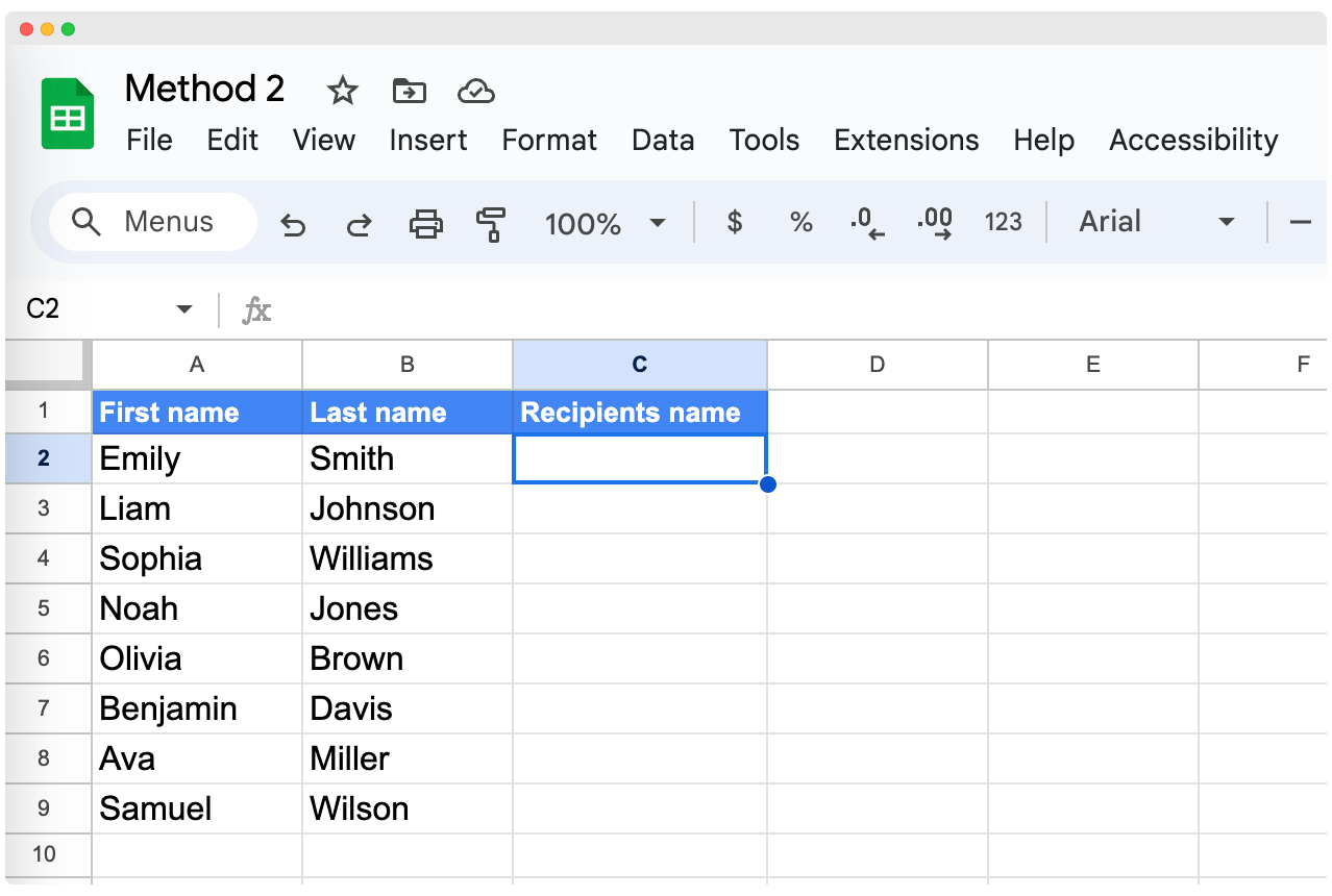 Selecting an empty cell to enter the CONCATENATE funtion to combine first and last name in Google Sheets.