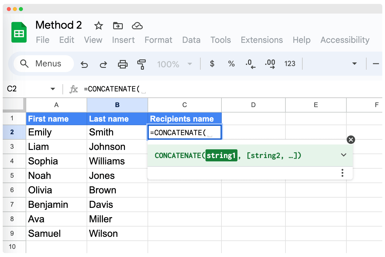 Entering the CONCATENATE formula to combine first and last name in Google Sheets.