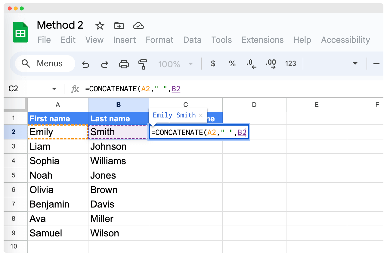 CONCATENATE formula to combine first and last name in Google Sheets.