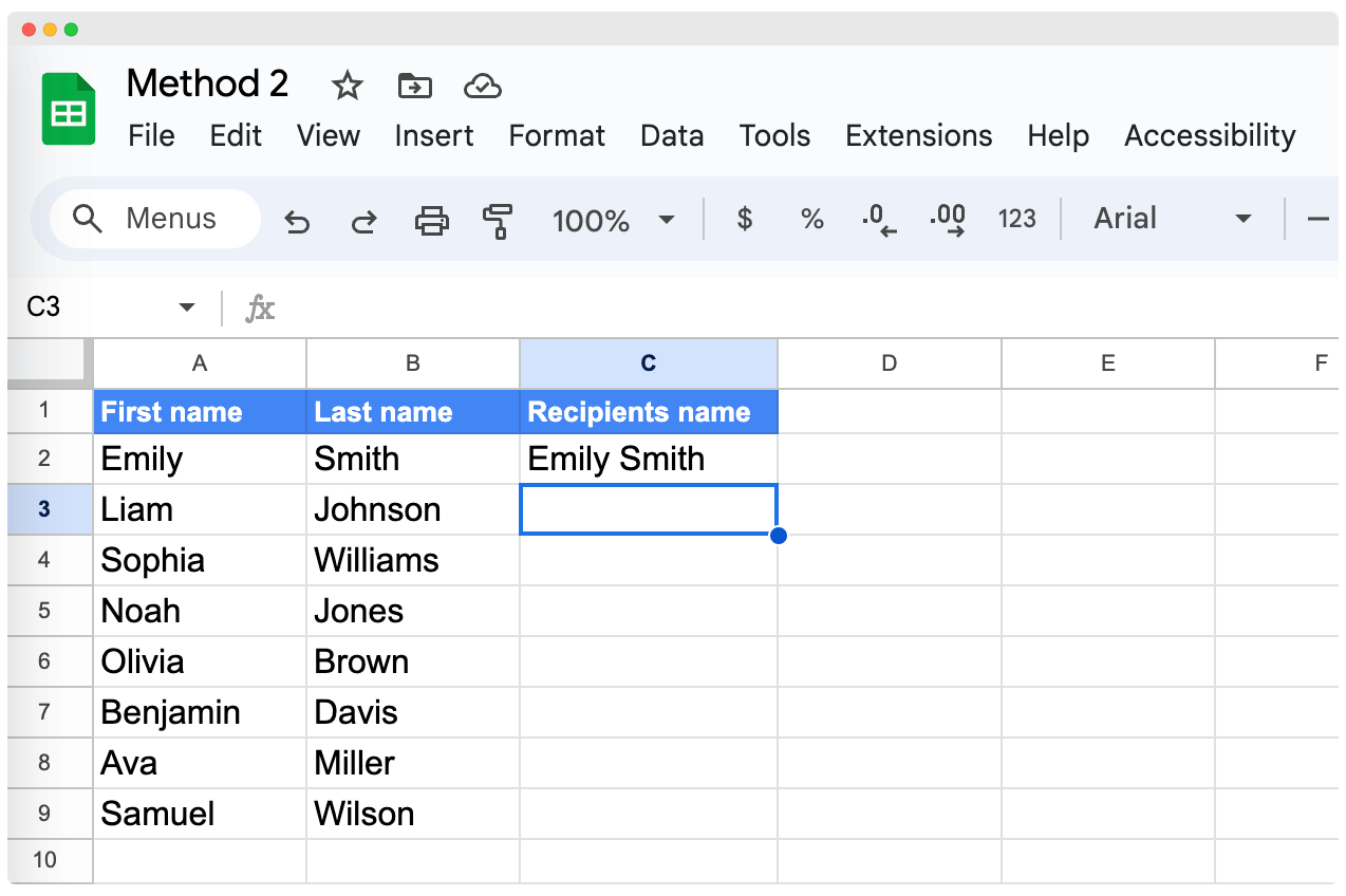 Pressing enter to see how the CONCATENATE funtion works and combines first and last name in Google Sheets.